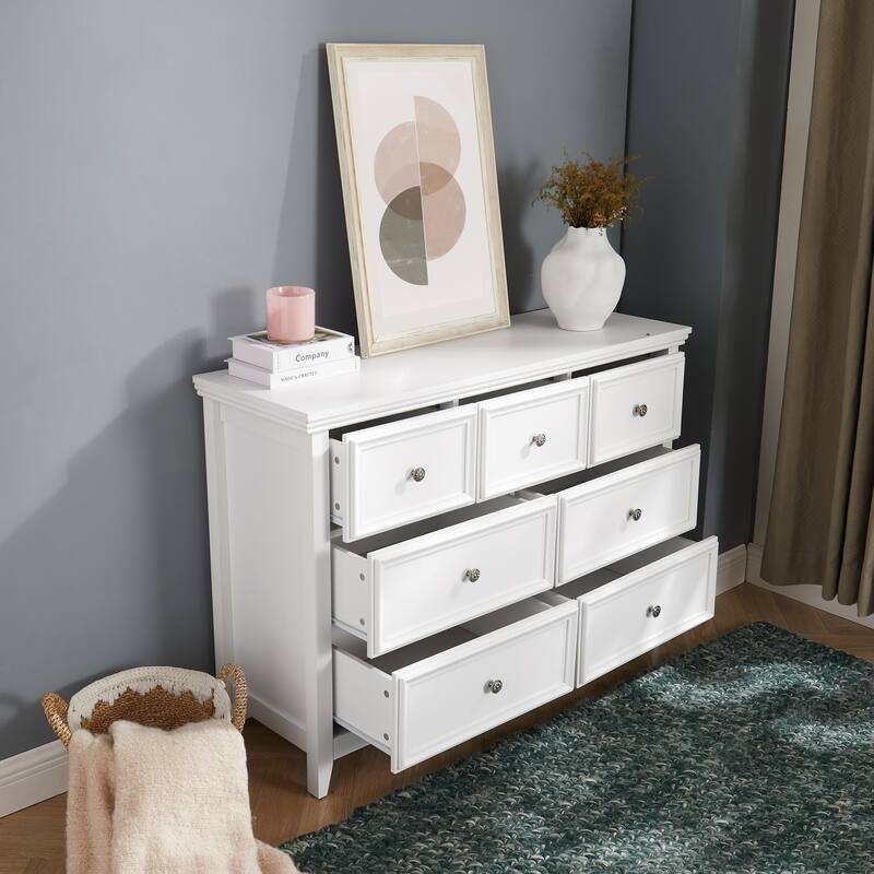 Bright White 7-Drawer Dresser, Versatile Living Room Storage Option