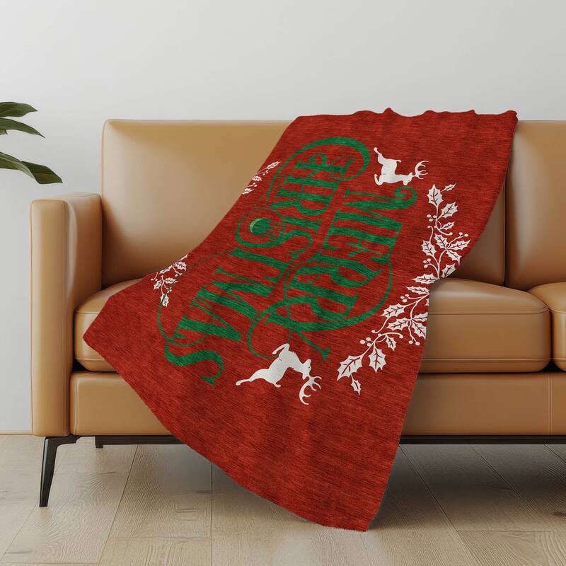 Premium Machine Washable ASB217 Merry Christmas Wreath Sherpa Throw Blanket - Ruby - 4'2" x 5'10"