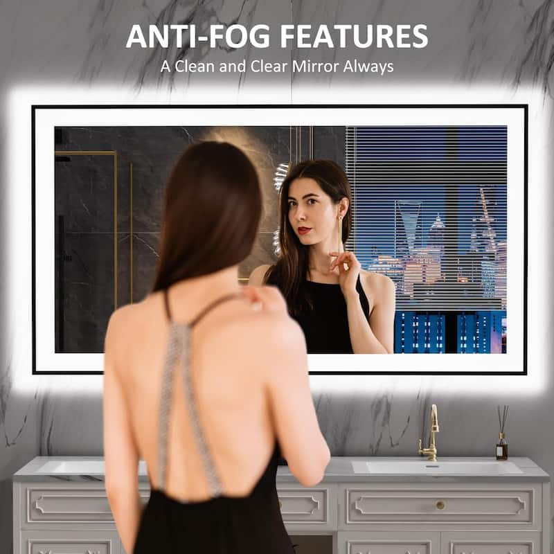55x30 Smart LED Bathroom Mirror with Anti Fog Dimmable Lighting White Tempered Glass