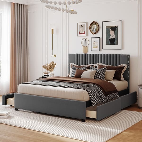 slide 2 of 18, Queen Size Upholstered Platform Bed with Classic Headboard and 4 Drawers, Linen Fabric,Wooden Slat Mattress Support Gray