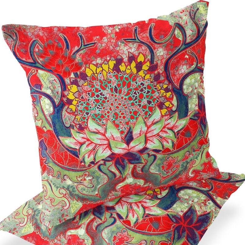 HomeRoots Set of Two 16" X 16" Green and Red Blown Seam Floral Indoor Outdoor Throw Pillow - 16.00' X '16.00' X '5.00