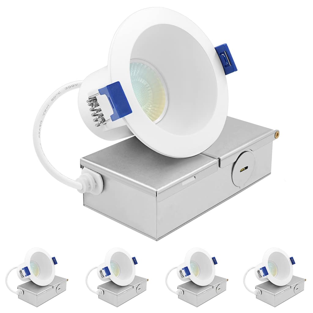 Luxrite 3 in. LED Recessed Ceiling Light J-Box 8W 5CCT 840 Lumens Dimmable Wet Rated IC Rated 4 Pack