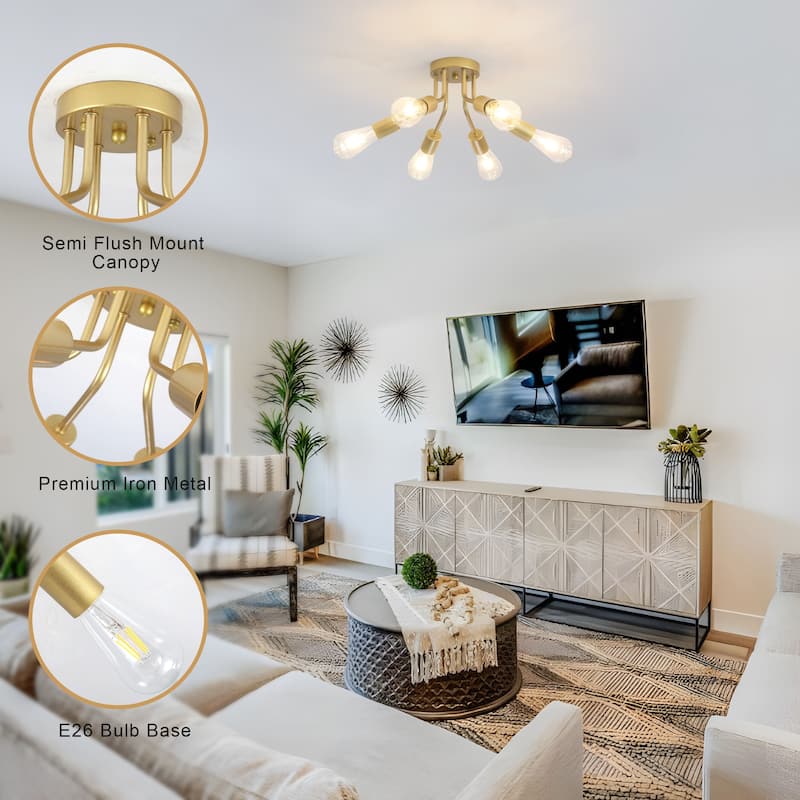 6-Light Modern Sputnik Light Fixture Semi Flush Mount Ceiling Lighting - 14.76' W