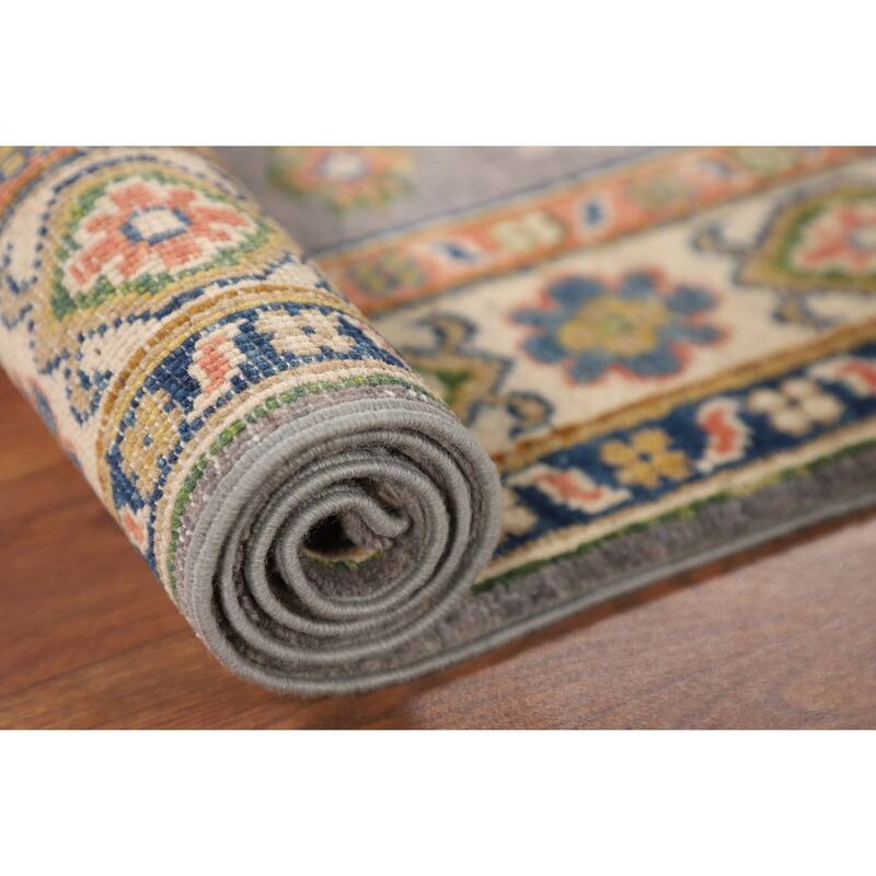 Gray Kazak Foyer Rug Hand-Knotted Geometric Wool Carpet - 2'7" x 4'2"