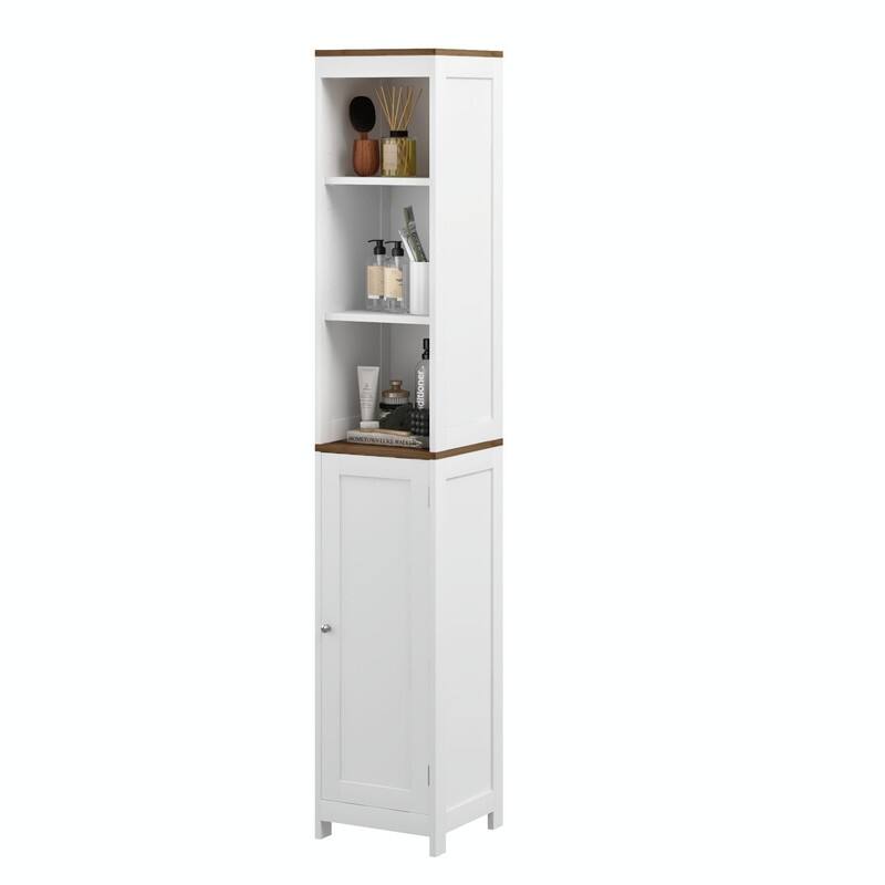Tall Bathroom Storage Cabinet with Reversible Door, Freestanding Narrow Linen Tower with Open Shelves and Enclosed Cabinet
