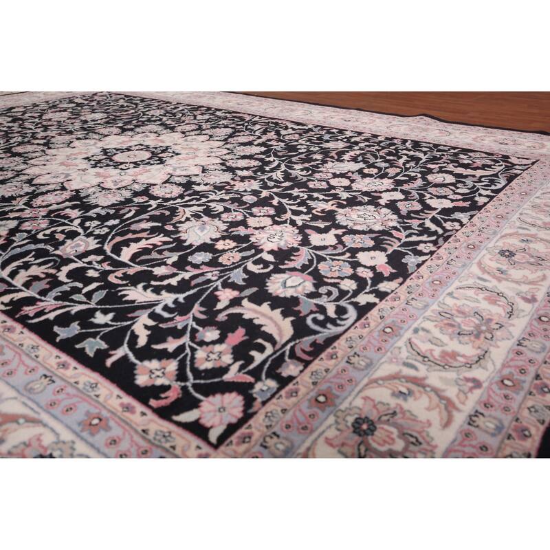 Black Floral Kashan Indian Area Rug Handmade Wool Carpet - 9'2"x 11'10"