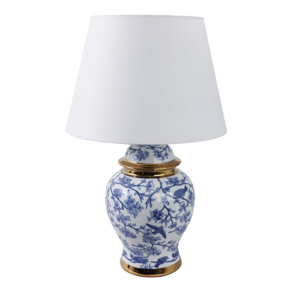 Ceramic Table Lamp Floral Bird Print with Accent Glam Decor - 19" Blue - 12" x 12" x 19"