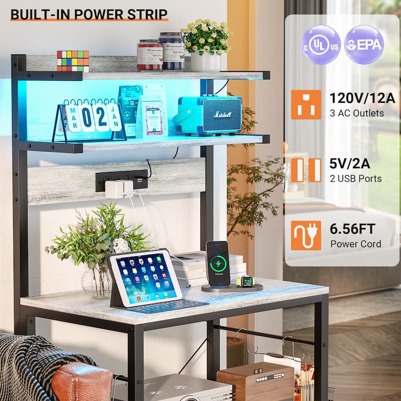 Bakers Rack Kitchen Storage Shelf with Power Outlets and RGB LED Lights,5 Tiers Coffee Bar Station,Microwave Stand