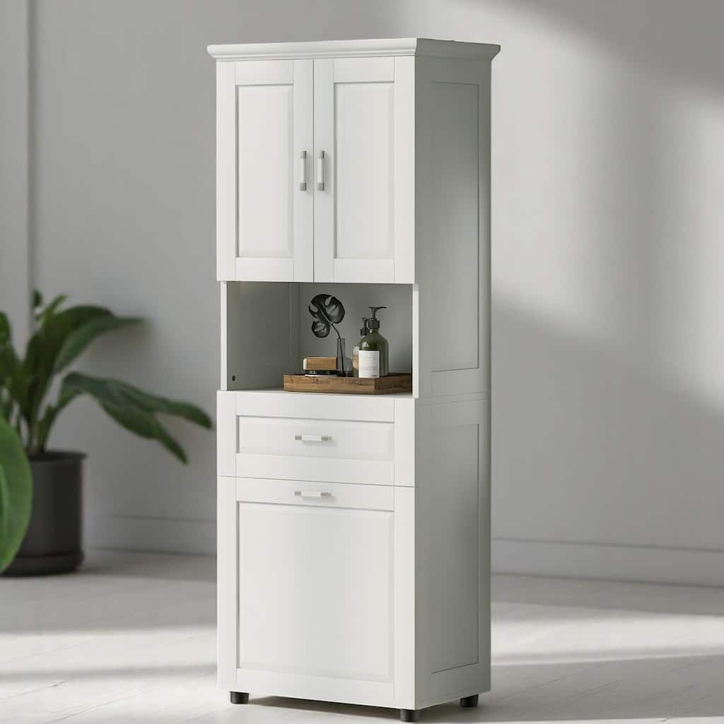 70'' Bathroom Cabinet with Built-in Laundry Hamper, 2 Doors, Open Shelf & Adjustable Storage, Freestanding MDF