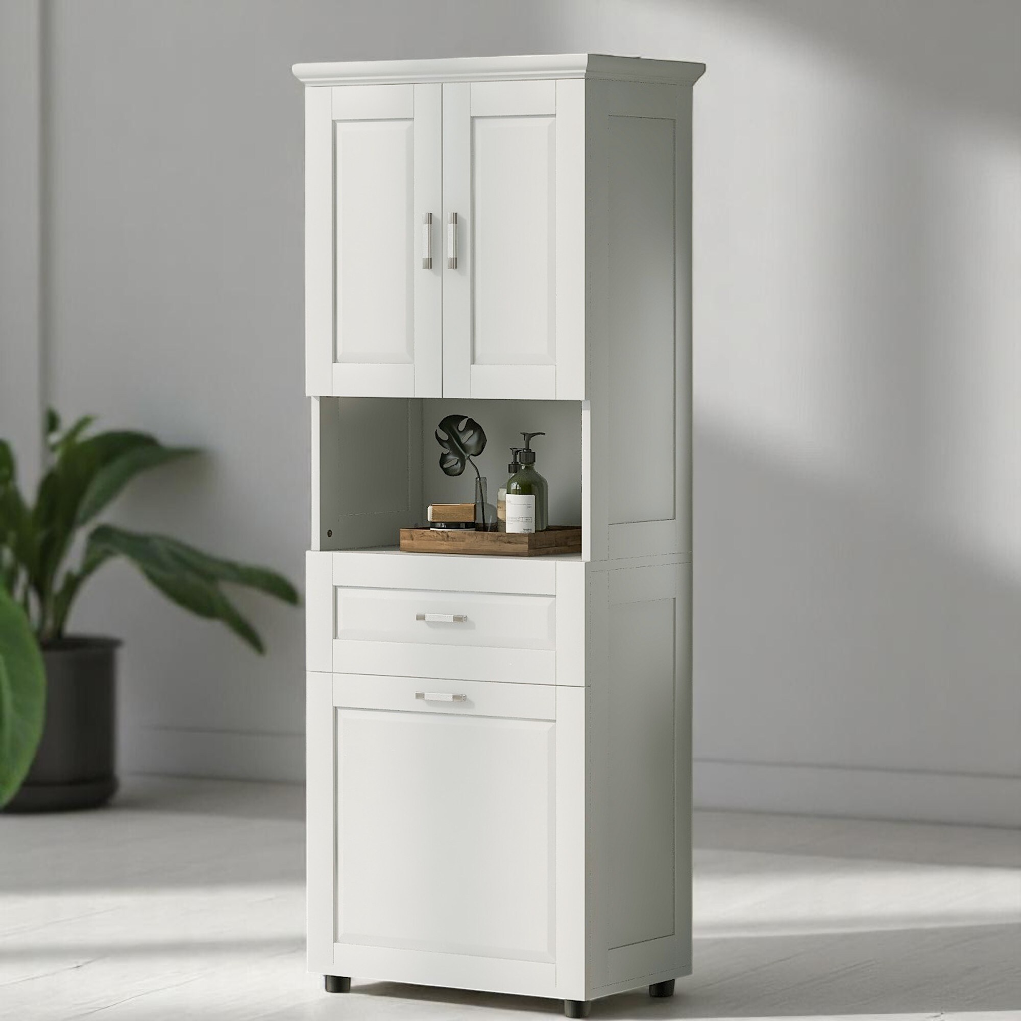 70'' Bathroom Cabinet with Built-in Laundry Hamper, 2 Doors, Open