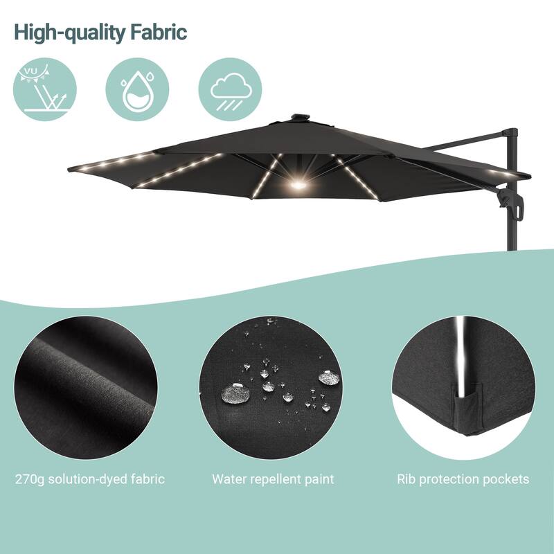 LIVOOSUN 11Ft Aluminum LED Patio Cantilever Offset Umbrella With Base