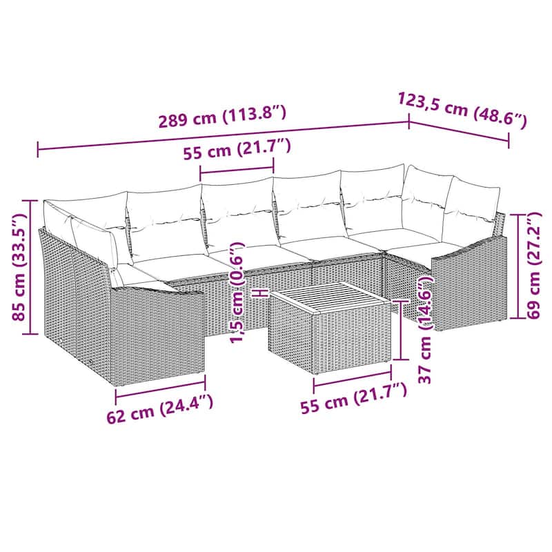 vidaXL 8 Garden Sofa Set with Cushions Black/Grey Poly Rattan - 113.8 x 48.6 x 27.2