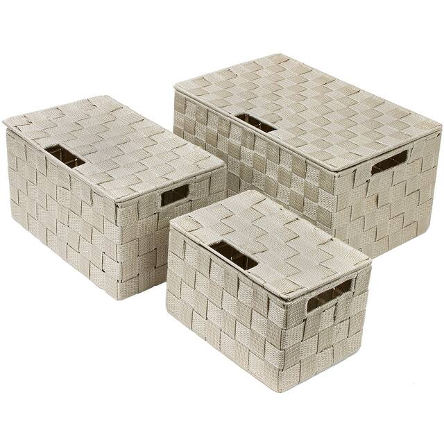 Storage Box Woven Basket Bin Container Tote Cube Organizer Set Stackable Shelf Organizer Built-in Carry Handles (3-Piece) - beige