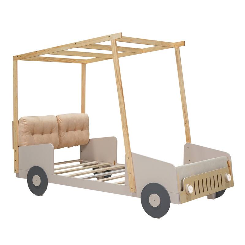Car Bed With Pillow, Ceiling Cloth And Led, Natural