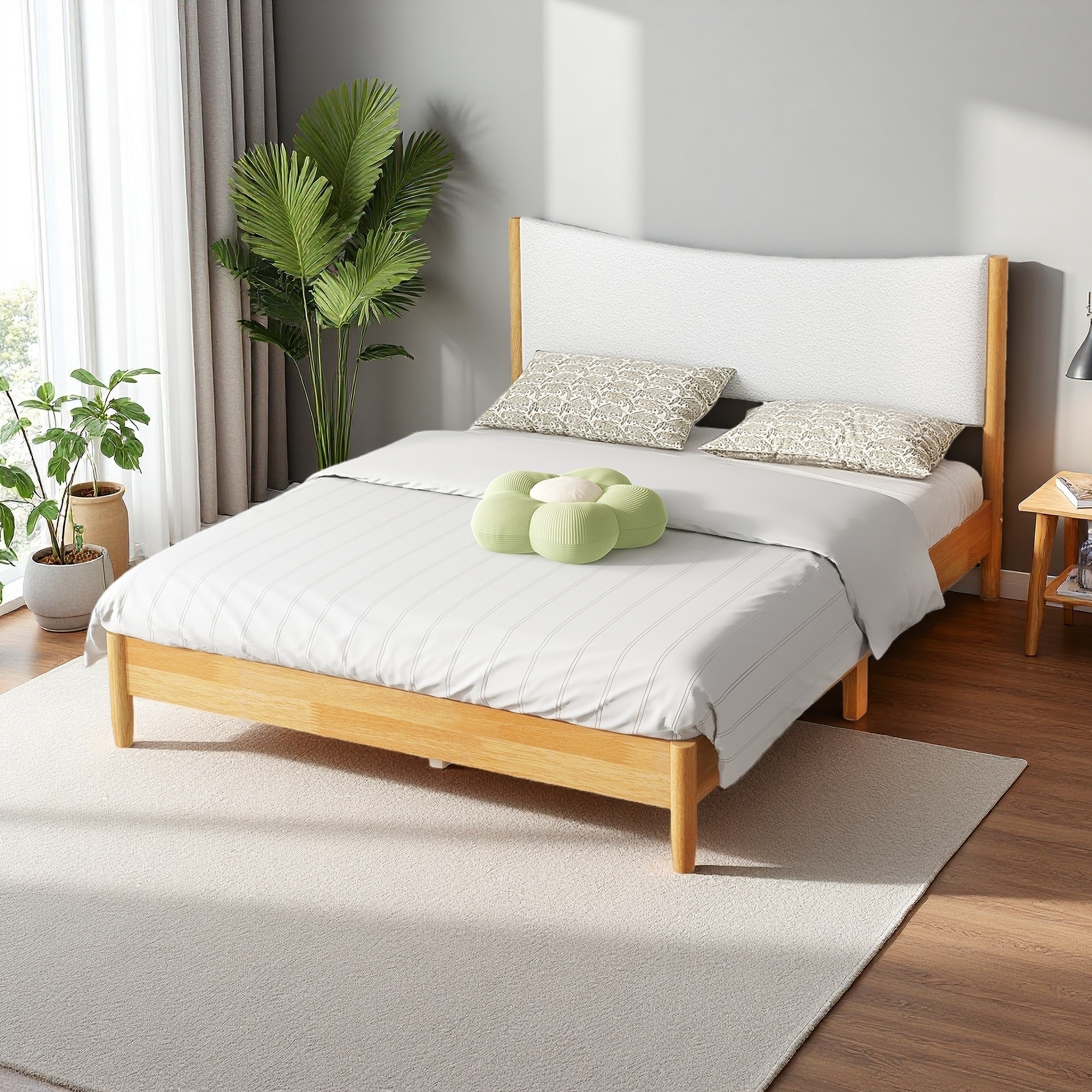 Queen Size Solid Rubber Wood Bed with Boucle Upholstered Headboard, Spacious Underbed Storage, Enhanced Support Feet