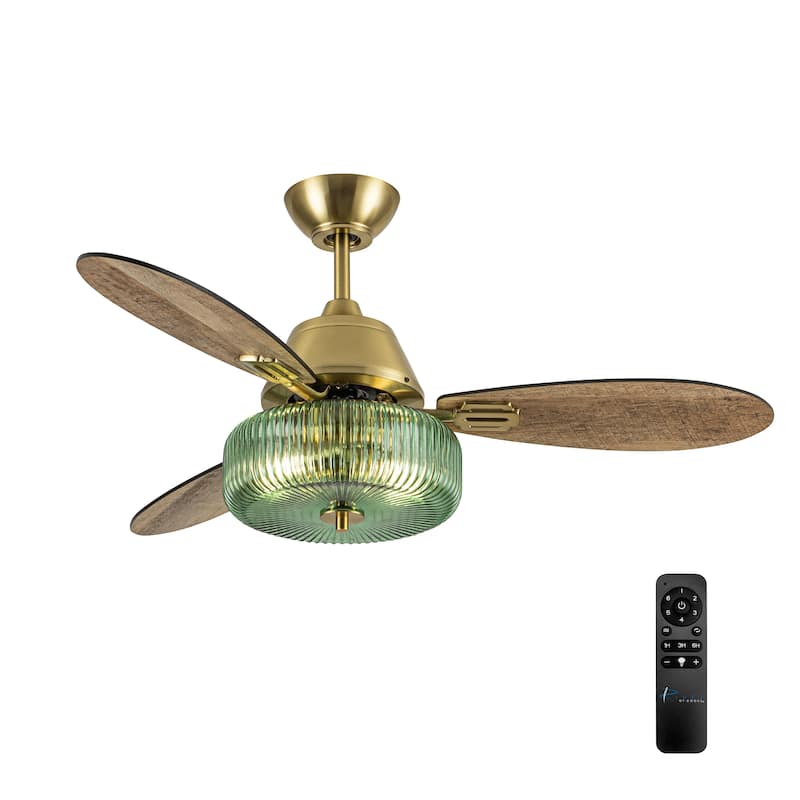 Frederick River of Goods 3-blade 42-inch Modern Indoor Ceiling Fan with Green Ribbed Shade and Remote Control - 42" x 42" x 18" - 42" x 42" x 18" - Green/Gold - Remote