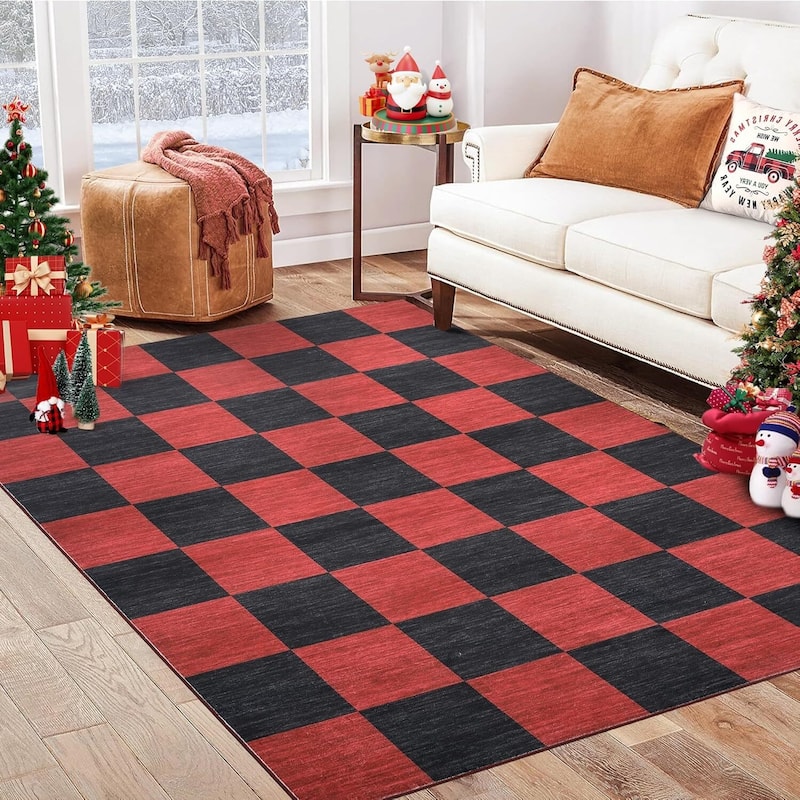 Grid Pattern Washable Christmas Area Rug Indoor Floor Cover for Xmas Holiday Decoration, Red+Black - 5*7ft