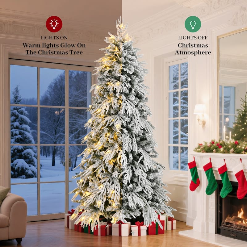 Slim Flocked Pre-lit Christmas Trees with PE&PVC Tips & Warm White LED Lights