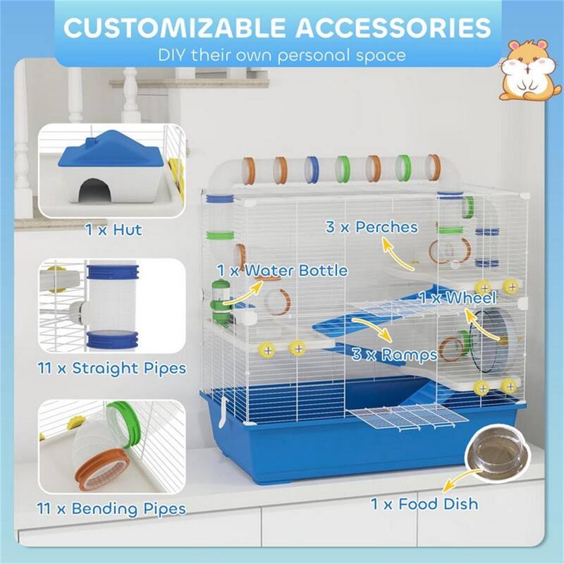 Blue Metal Hamster Cage with Tubes, Wheel, Ramps and Accessories - 30.7" L x 17.7" W x 28.7" H