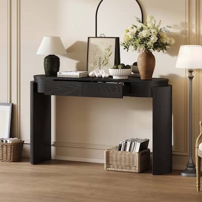 Console Table with Fluted Design,Oval Top and 2 Drawers for Entryway and Living Room