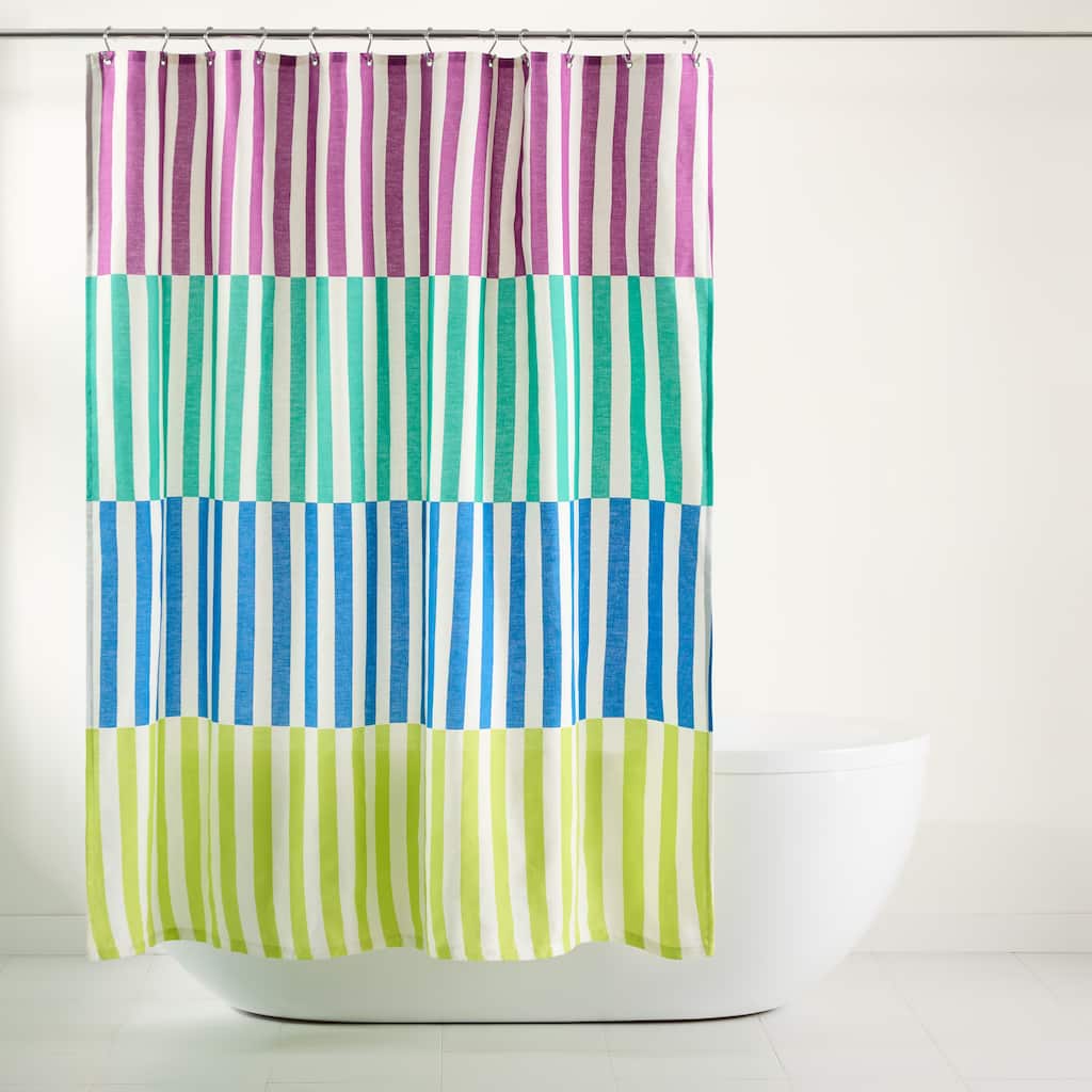 TOWN & COUNTRY PLAY Adeline Offset Stripe Cotton-Rich Breathable Fabric Shower Curtain with Anti-Rust Grommets