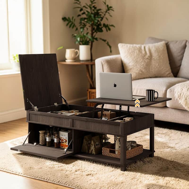 Lift Top Coffee Table with Hidden Storage Compartment and Open Shelf, Adjustable Wood Center Table