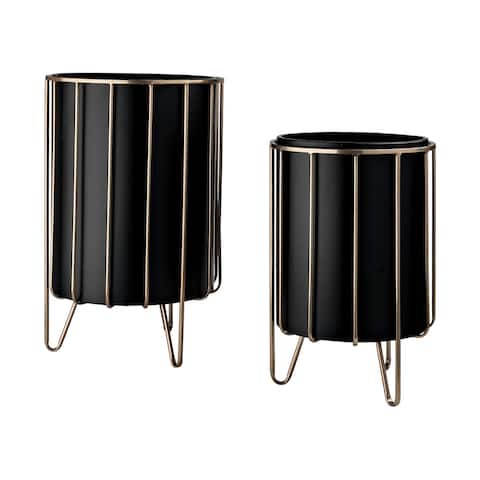 Pianta 12.8 x 20.9 Set of Two Black Metal Insert Brass Frame Plant Stands