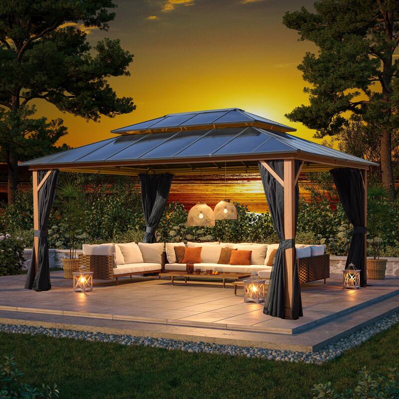 EROMMY Outdoor Wood Gazebo with Double Polycarbonate Roof, Heavy Duty Backyard Patio Pergola Canopy for Garden Shade