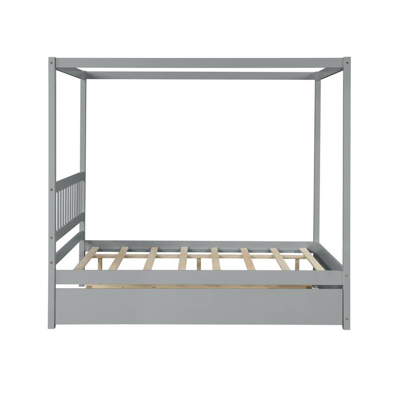 Full Size Canopy Bed with Twin Trundle, Kids Solid Wood Platform Bed Frame w/ Headboard, No Box Spring Needed