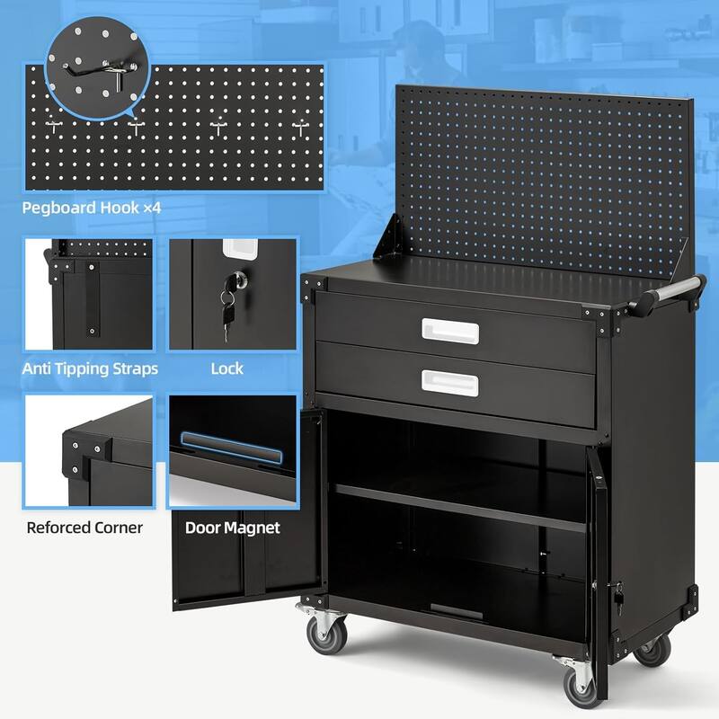 AECOJOY Rolling Tool Chest with Wheels 2 Drawers Pegboard