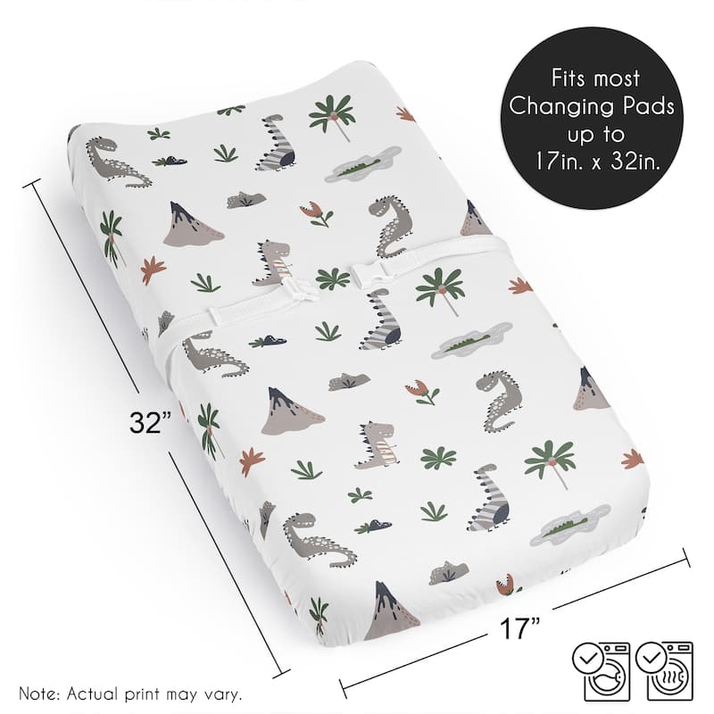Sweet Jojo Designs Modern Dinosaurs Boy Girl Gender Neutral Unisex Changing Pad Cover Sheet Beige Grey Dino Reptile Trex Green