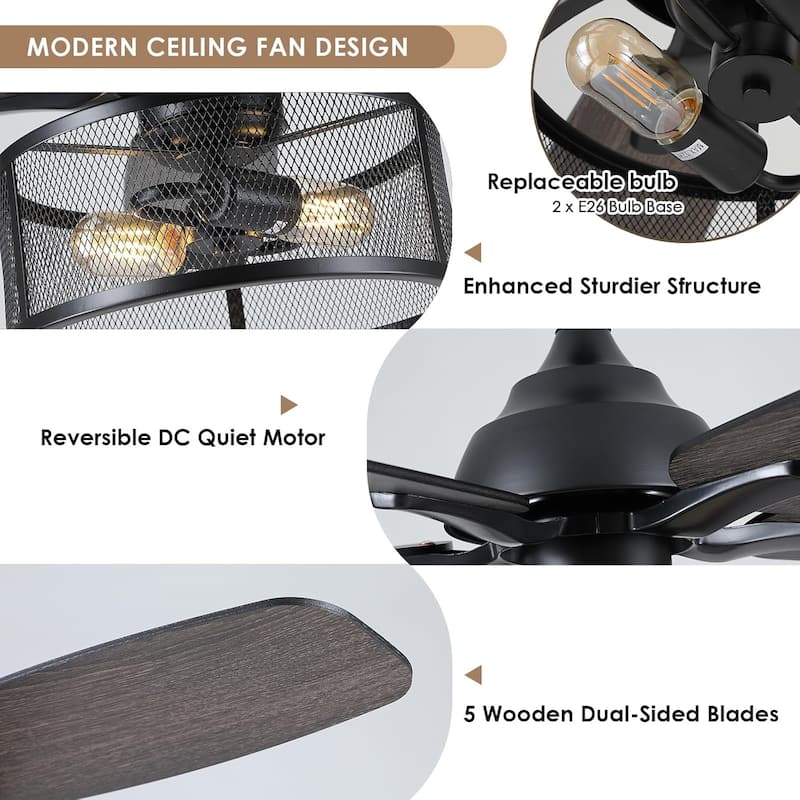 48"/56" Modern Caged Chandelier Ceiling Fan with Remote,Wood Grain Caged Fandelier DC Motor For Bedroom,Living Room