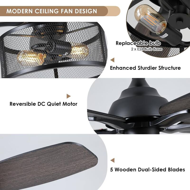 56 Inch Ceiling Fan with Caged Light and Plywood Blades for Farmhouse Living Room Bedroom