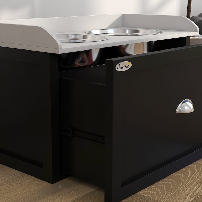 PawHut Dog Feeding Station with Storage Drawer, Removable Elevated Dog Bowls for Large Sized Dogs, White and Black
