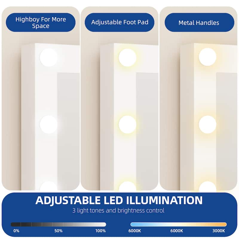 Moasis White 10-Drawer Cosmetic Vanity Desk Set with Glass Tabletop Makeup Vanity with LED Strip