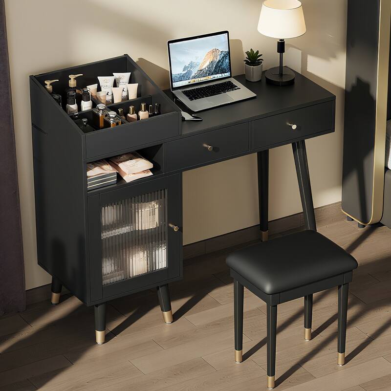 Anmytek Black and Gold Vanity Desk with Stool Makeup and Writing Desk for Bedroom