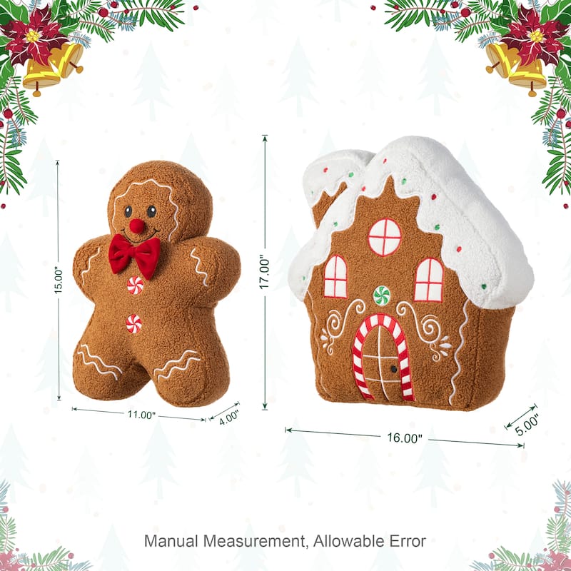 Glitzhome Set of 2 Christmas Gingerbread Man and House Shaped Throw Pillows