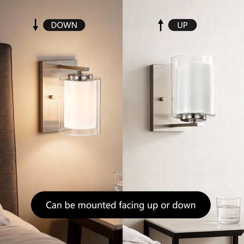 Matte Black/Brushed Nickel 1-Light Indoor Bathroom Vanity Light Wall Sconce with Dual Glass Shades