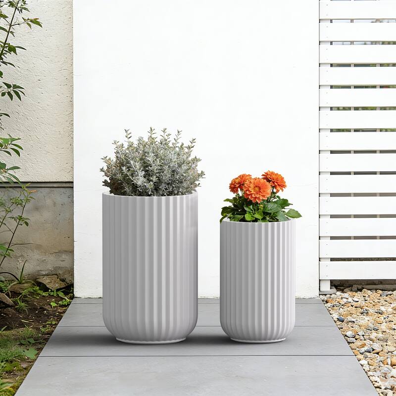 Concrete Tall Round Ribbed Design Planter with Drainage Hole