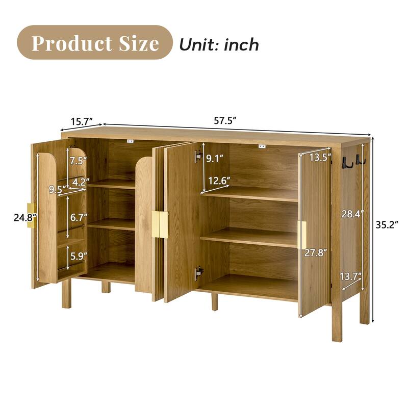 Storage Cabinet with Vertical Stripe Doors & Adjustable Shelves, Sideboard Cabinet with Door Racks & Side Hooks