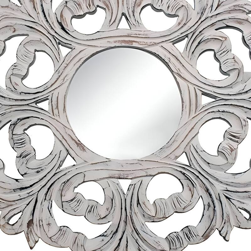 HomeRoots 24" White Floral Scrollwork Distressed Round Framed Accent Mirror - 23.6' X '23.6' X '0.7