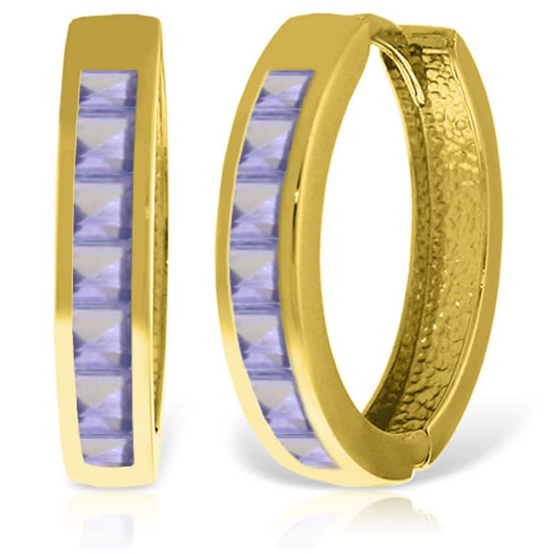 14K Solid Gold Hoop Huggie Gemstone Earrings w/ Natural Tanzanites - Yellow
