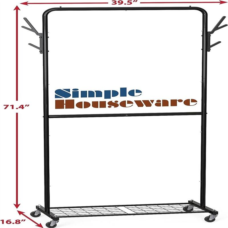 Double Rod Garment Rack With Wheels and Hooks - 16.81"D x 39.69"W x 71.42"H