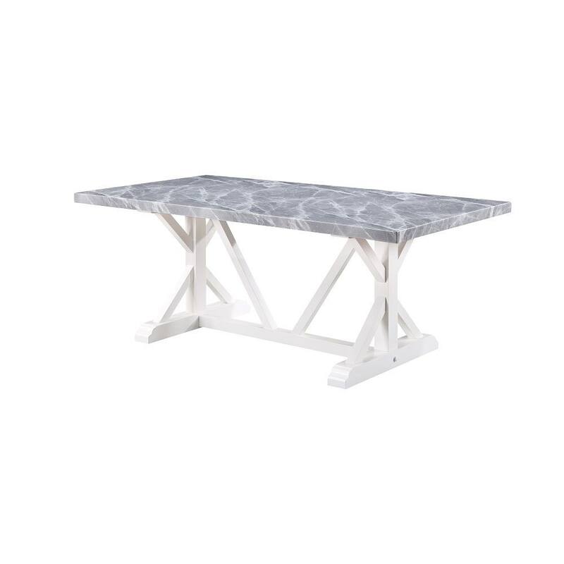 Joyce 78 Inch Dining Table, Modern Faux Stone Top, White Finished Wood Base