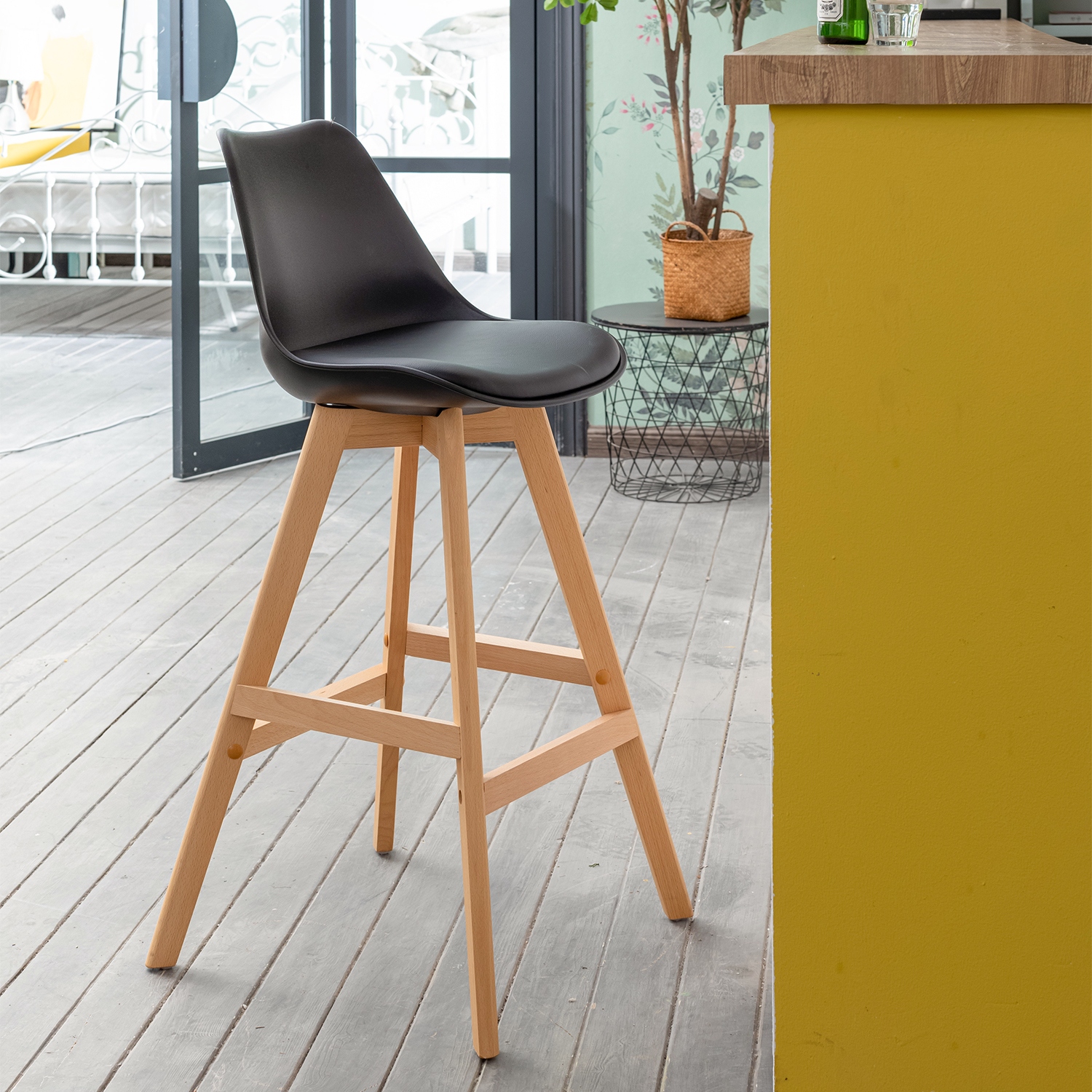 HOMYLIN Scandinavian Style Plastic High Back And Solid Oak Bar