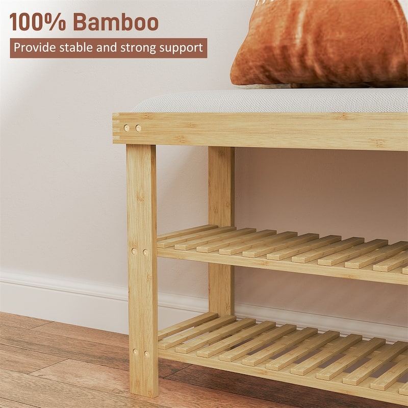 Cream White Two-Tier Wicker Shoe Storage Bench with Linen Cushion Seat for Entryway or Hallway - 35.4" W x 11.4" D x 19.3" H