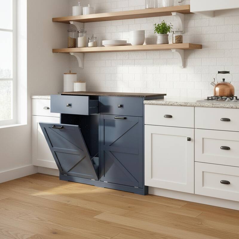 Homy Casa Farmhouse Double Tilt-Out Trash Cabinet, 20/10 G Recycling Bin, Barn Door Laundry Sorter with Drawer, Kitchen Tilt Out