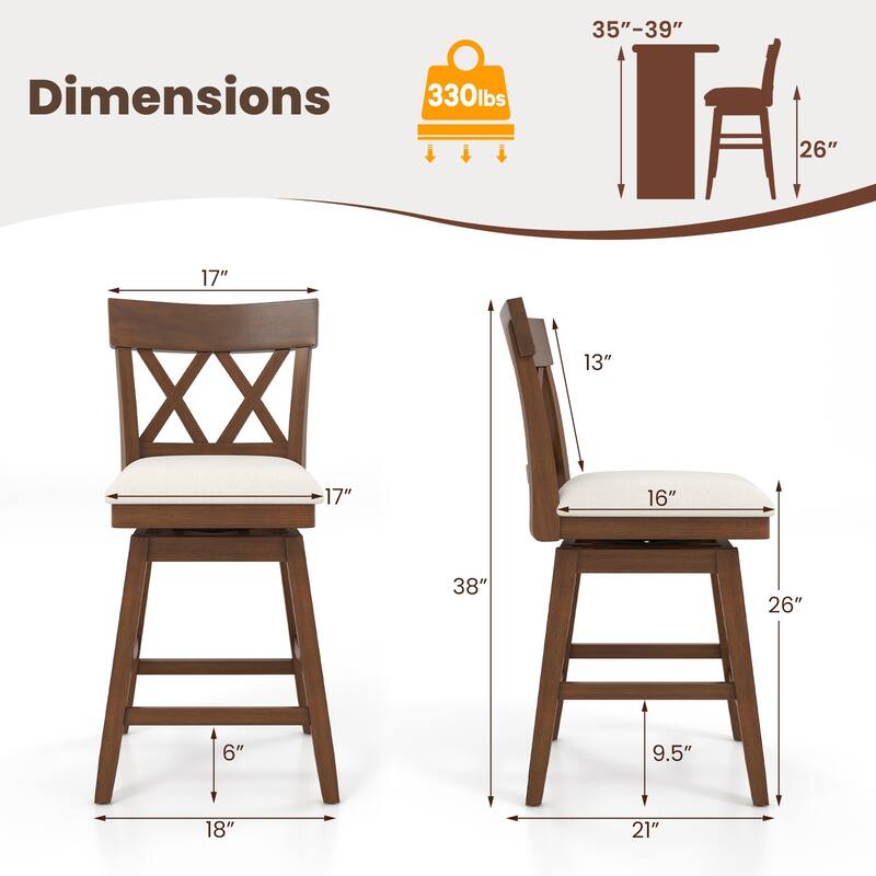 Gymax 26'' Bar Stool Wooden Chair Set of 2 w/Contoured Backrest Swivel