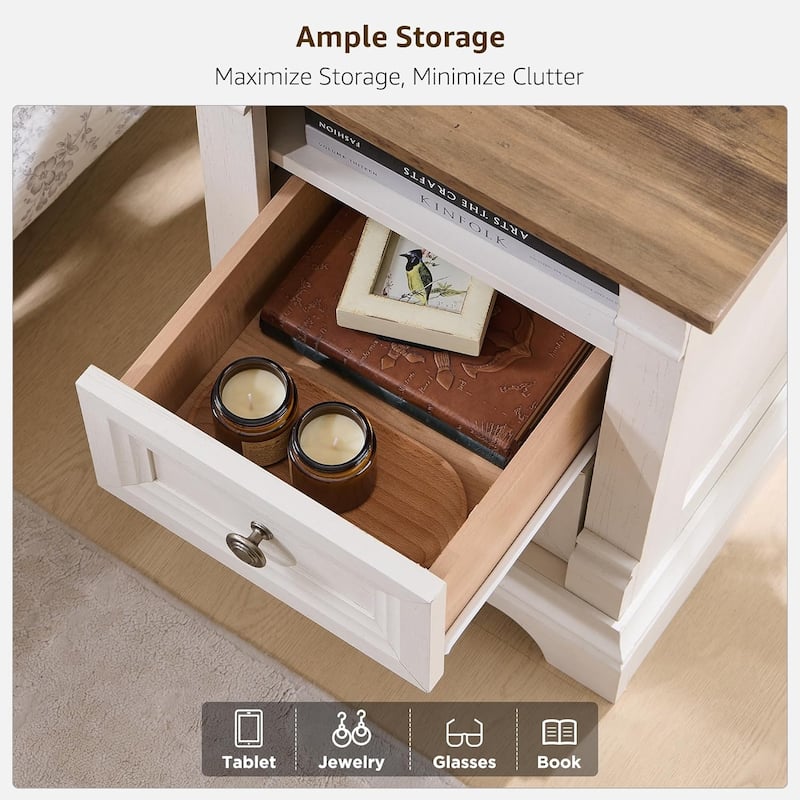 Farmhouse Nightstand Set of 2 with Charging Station, End Table