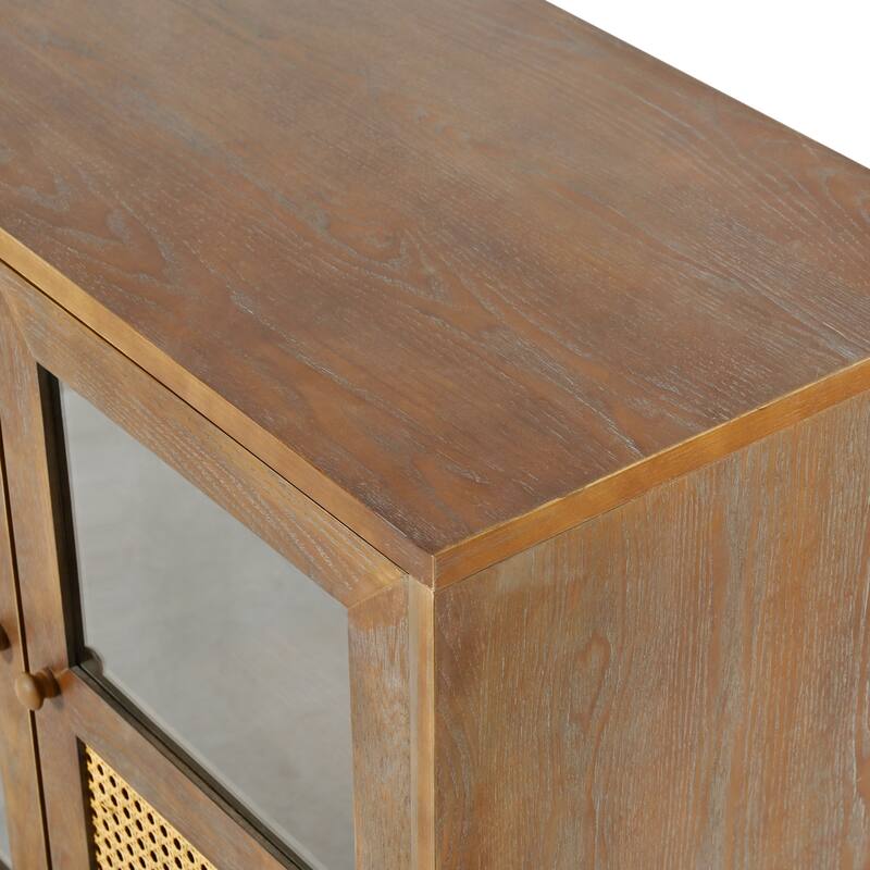 4-Door Sideboard with Large Storage Space Artificial Rattan Doors and Transparent Glass, for Dining Room Living Room